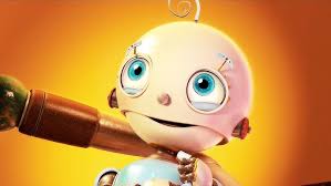 Un bébé robot qui a des yeux bleus.