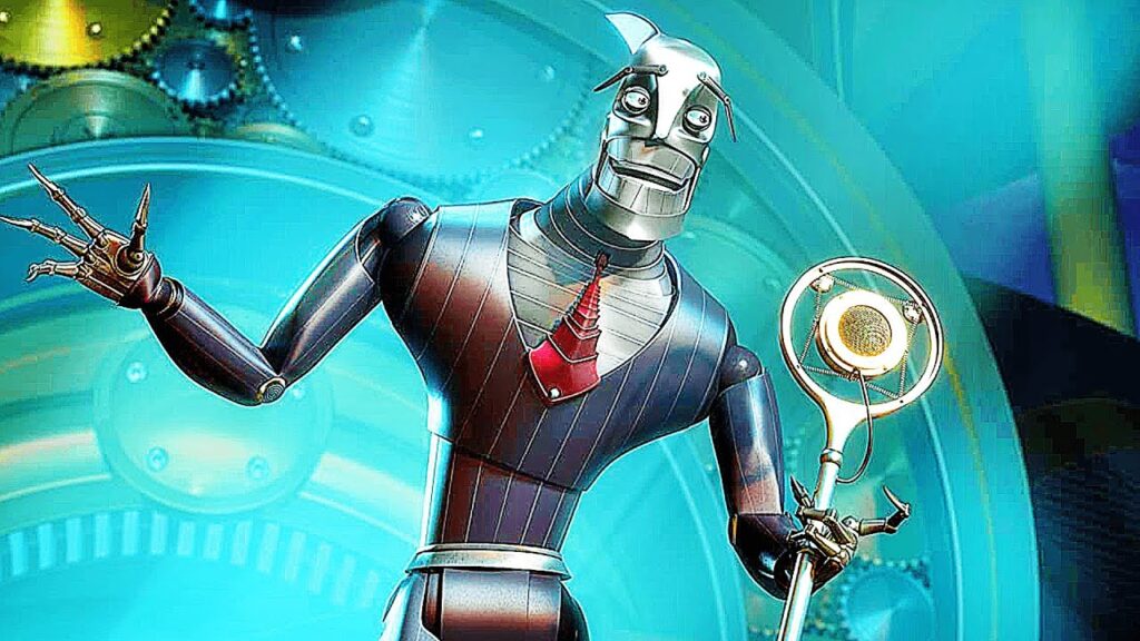 Un robot habiller en veston de métal, tient un micro.